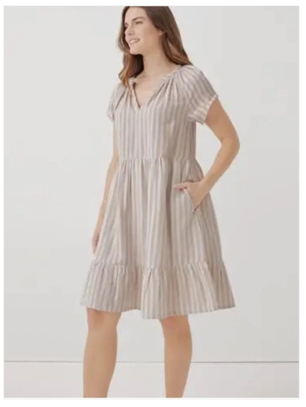 PACT Cotton Coastal Double Gauze Tiered Dress Striped Beige White, Size XXL